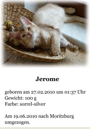 Jerome  geboren am 27.02.2010 um 01:37 Uhr Gewicht: 100 g Farbe: sorrel-silver  Am 19.06.2010 nach Moritzburg umgezogen.