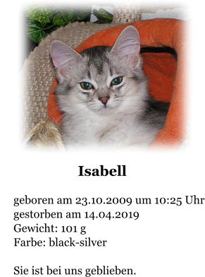 geboren am 23.10.2009 um 10:25 Uhr gestorben am 14.04.2019 Gewicht: 101 g Farbe: black-silver  Sie ist bei uns geblieben. Isabell